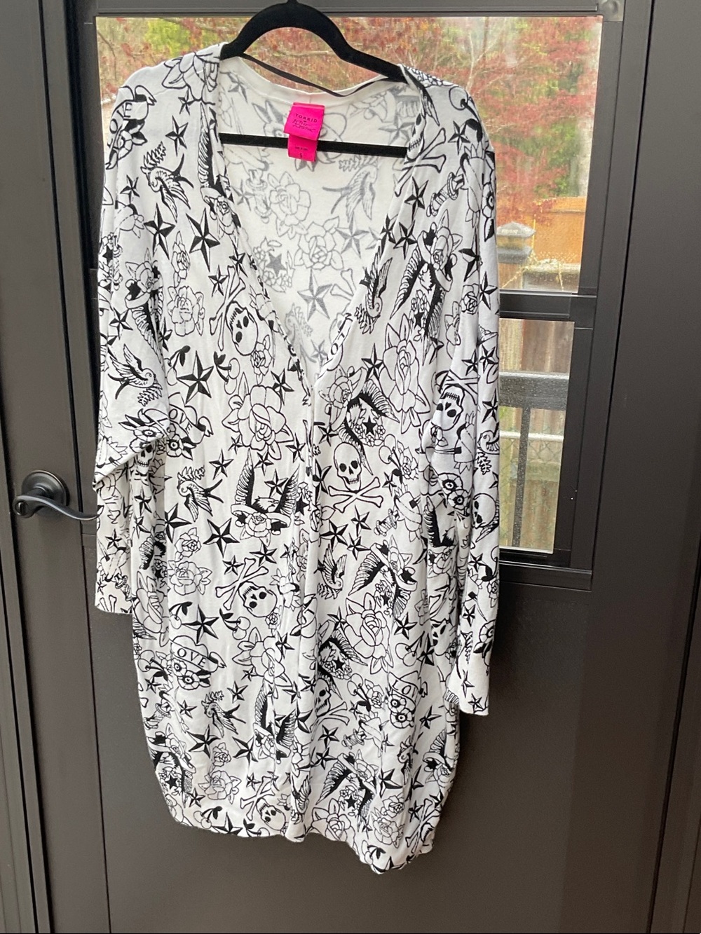 Betsey Johnson White Cardigan with Black Tattoo-Style Print